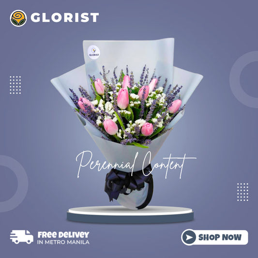 Graceful bouquet: 9 pink tulips with lavender and statice fillers in Korean wrap with satin ribbon - beautiful flower arrangement for special occasions - flower delivery to Tutuban Center and University Belt (Manila)