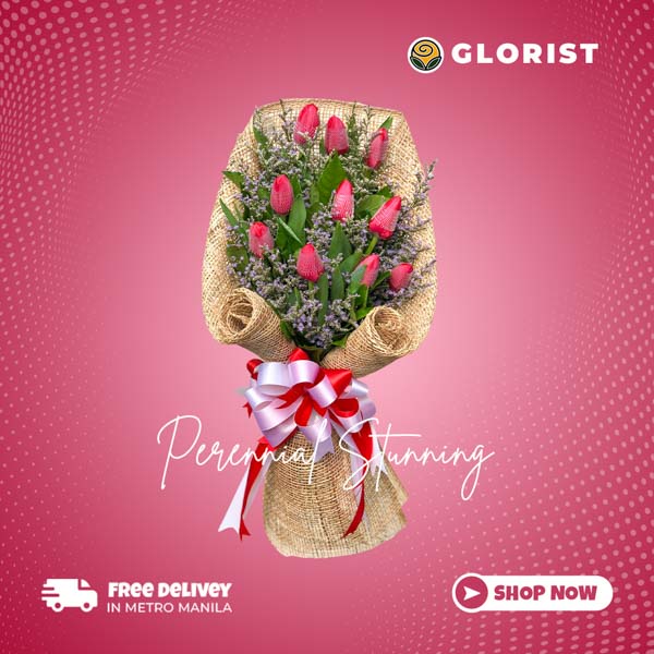 Graceful bouquet: 10 red tulips with misty blue fillers in Korean wrap with satin ribbon - beautiful flower arrangement for special occasions - flower delivery to Barangay Holy Spirit, Quezon City and Barangay Matandang Balara, Quezon City