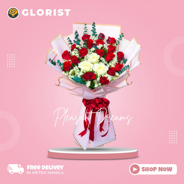 Captivating Bouquet of Red and White Roses with eucalyptus and statice fillers in Korean-style wrap with satin ribbon - elegant flower arrangement for special occasions - flower delivery to Barangay Zapote, Las Piñas City and Barangay Pamplona Tres, Las Piñas City