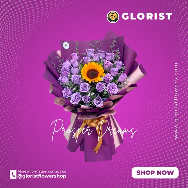 Captivating bouquet: Two dozen purple roses with floral paint and 1 sunflower with misty blue fillers in two-tone wrap with satin ribbon - elegant flower arrangement for special occasions - flower delivery to Barangay Santo Niño, Marikina City and Barangay Barangka, Marikina City