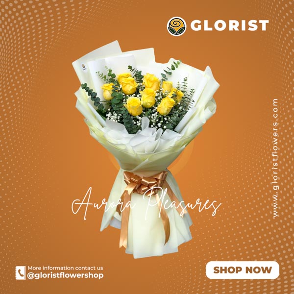 Captivating bouquet of yellow roses with eucalyptus and gypsophila fillers in a white Korean-style wrap, adorned with a satin ribbon. Perfect for special occasions. Flower delivery in Caloocan, Mandaluyong, Tagaytay, and Bulacan.