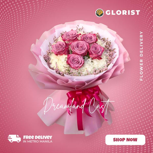 6 purple Ecuadorian roses with hydrangea in pink Korean-style packaging with pink satin ribbon - perfect for special occasions - flower delivery in Malolos, Bulacan