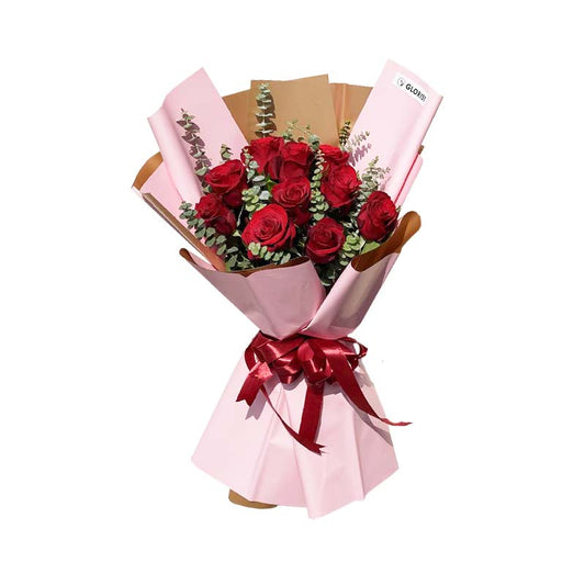 Fantasy Fold: Ten imported red China roses with eucalyptus in two-toned light pink and gold Korean film wrap - exquisite and sophisticated flower arrangement for special occasions - flower delivery to Sta. Lucia East Grand Mall and SM City Marilao