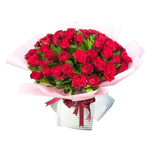 Stunning bouquet: 48 red roses in Korean striped wrap with satin ribbon - epitome of elegance and romance - flower delivery to Marikina Shoe Museum and Marikina Sports Center