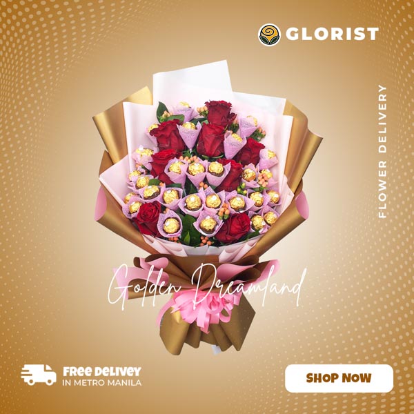 Golden Dreamland: 27 Ferrero Rocher chocolates and 8 red roses with hypericum berries in two-tone Korean wrap with satin ribbon - luxurious flower and chocolate arrangement - flower delivery to Fort Santiago and Manila Cathedral