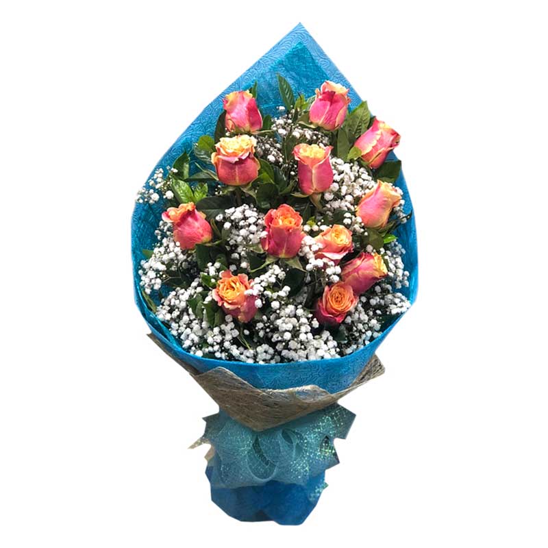 One dozen yellow-orange Ecuadorian roses with gypsophila fillers in tissue and abaca packaging - vibrant flower arrangement for special occasions - flower delivery in Obando, Bulacan