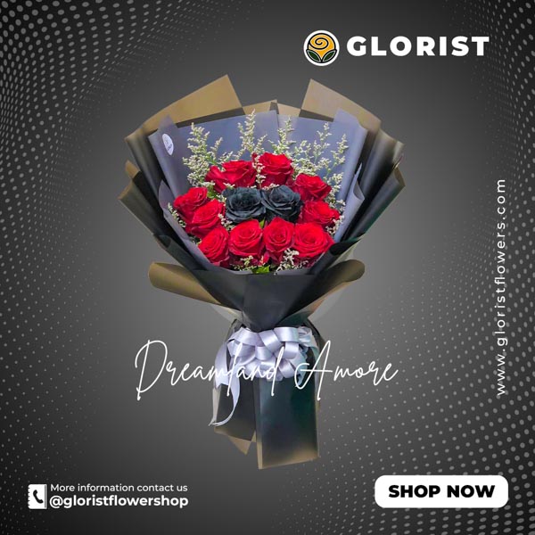 Striking bouquet featuring a vibrant arrangement of 10 red and 2 black Ecuadorian roses, adorned with delicate misty white fillers. Elegantly wrapped in black Korean-style packaging and enhanced with a gray satin ribbon. Perfect for conveying joy and beauty for any special occasion. Flower delivery in Taytay, Rizal.