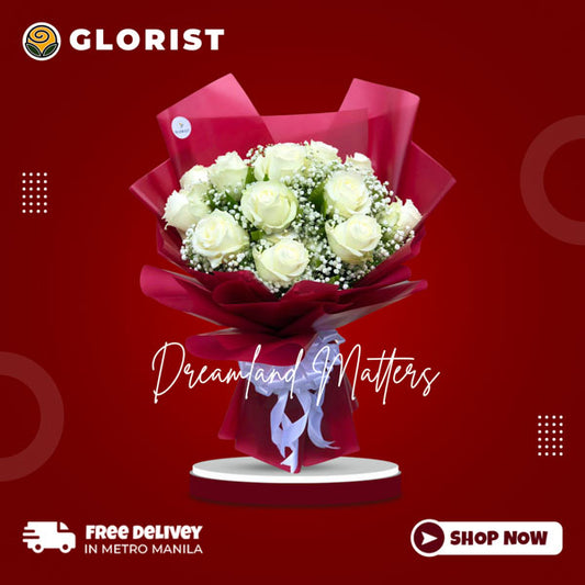 12 white Ecuadorian roses with gypsophila fillers in red Korean-style packaging with white satin ribbon - vibrant flower arrangement for special occasions - flower delivery in Angat, Bulacan