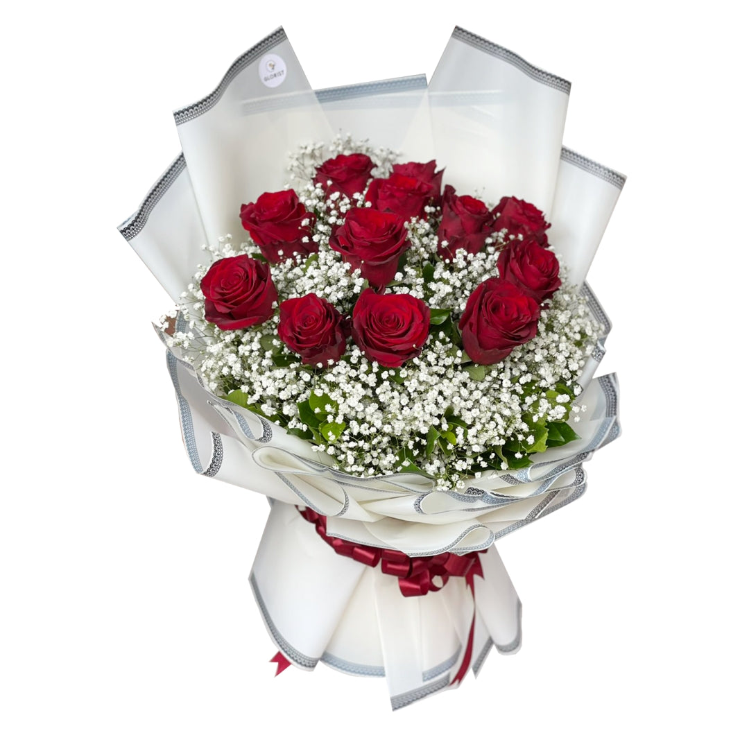 Classic Beauty: One dozen Ecuadorian roses with gypsophila fillers in Korean-style packaging with border design and satin ribbon - timeless and sophisticated flower arrangement for special occasions - flower delivery in Balagtas, Bulacan