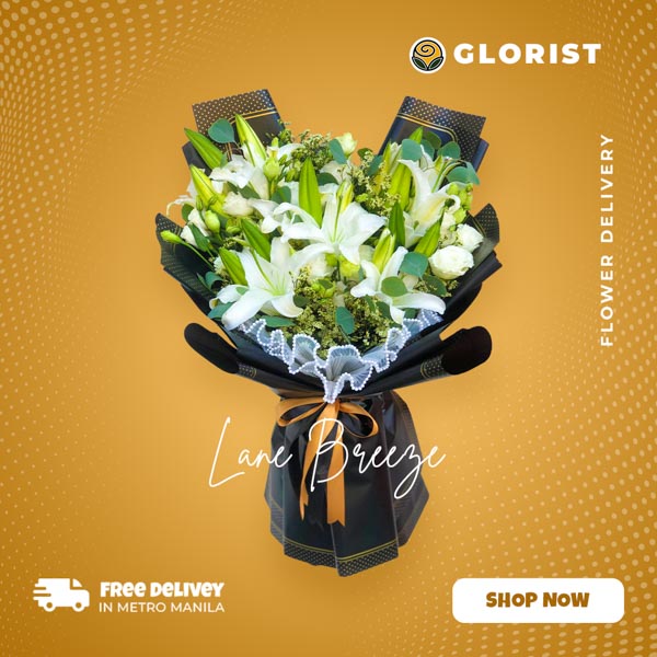 Stunning bouquet with white stargazer lilies, lisianthus, golden rods, and eucalyptus leaves in Korean-style wrap with satin ribbon - enchanting flower arrangement for special occasions - flower delivery to Ayala Museum and Poblacion, Makati