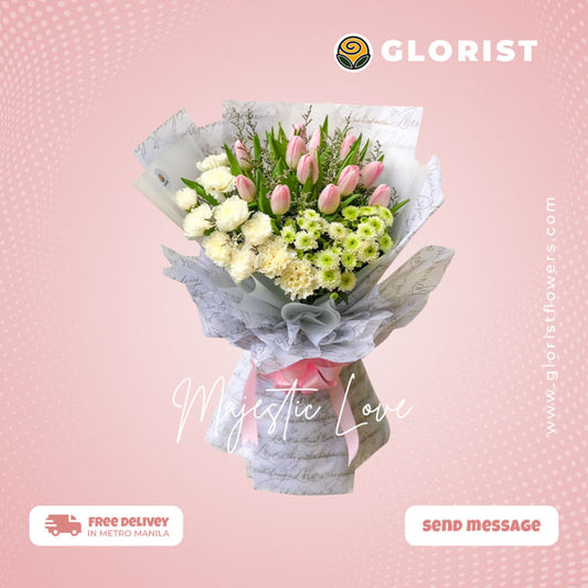 Captivating bouquet featuring 12 light pink tulips, 10 white carnations, and white buttons with misty blue fillers in Korean wrap with light pink satin ribbon - stunning flower arrangement for special occasions - flower delivery to Ateneo de Manila University and Araneta Center (Cubao)