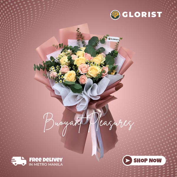 Captivating bouquet of 10 white China roses and 10 light pink roses with egg aster and eucalyptus fillers, arranged in a Korean-style wrap and adorned with a satin ribbon. Perfect for special occasions. Flower delivery in Manila, Marikina, Muntinlupa, and Navotas.