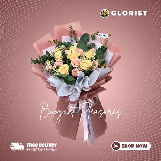 Captivating bouquet of 10 white China roses and 10 light pink roses with egg aster and eucalyptus fillers, arranged in a Korean-style wrap and adorned with a satin ribbon. Perfect for special occasions. Flower delivery in Manila, Marikina, Muntinlupa, and Navotas.