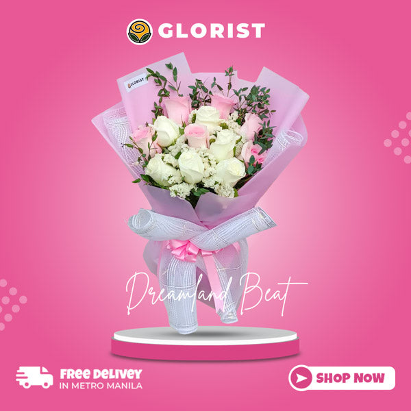 Captivating bouquet of 6 white and 6 pink Ecuadorian roses, complemented by vibrant statice fillers. Elegantly presented in a light pink Korean-style wrap with white net, accentuated by a light pink satin ribbon. Perfect for adding elegance and charm to any occasion. Flower delivery in Rodriguez, Rizal.