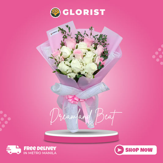 Captivating bouquet of 6 white and 6 pink Ecuadorian roses, complemented by vibrant statice fillers. Elegantly presented in a light pink Korean-style wrap with white net, accentuated by a light pink satin ribbon. Perfect for adding elegance and charm to any occasion. Flower delivery in Rodriguez, Rizal.