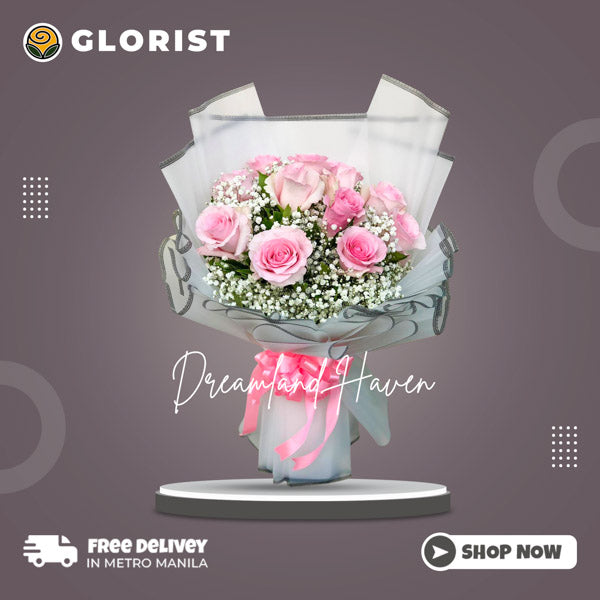 12 light pink Ecuadorian roses with gypsophila fillers in Korean-style wrap with border design and pink satin ribbon - elegant flower arrangement for special occasions - flower delivery in Baliuag, Bulacan