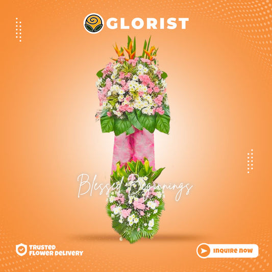 Inaugural flower stand with white and pink chrysanthemums and Anahaw leaves. Elegant and vibrant floral arrangement. Flower delivery near Intramuros, SM Megamall, Tagaytay Picnic Grove, and Barasoain Church.