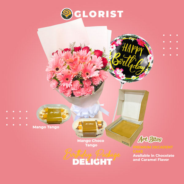 flower delivery Philippines, birthday flower package, gerbera daisy bouquet Philippines, sunflower and rose bouquet Philippines, birthday cake delivery, caramel cake Philippines, premium birthday gifts, Happy Birthday balloon, birthday celebration package, Mango Tango delivery Philippines, online flower shop Philippines.