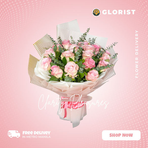 Charming bouquet of pink China roses and fresh eucalyptus leaves, expertly arranged in a Korean-style striped wrap, embellished with a satin ribbon. Elegant and visually appealing. Flower delivery in Dasmariñas, Cavite.