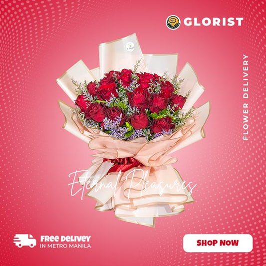 Vibrant China Rose Bouquet: Vibrant China roses with misty blue fillers in Korean-style presentation with border wrap and satin ribbon - enchanting flower arrangement for special occasions - flower delivery to Alabang Town Center and Festival Mall