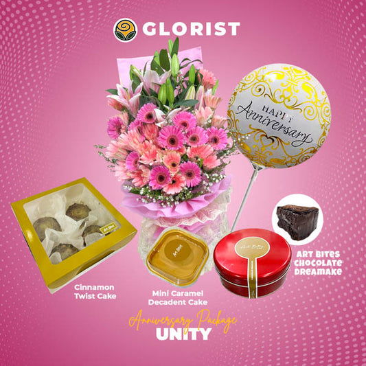 Unity Anniversary Package with assorted flower bouquet, anniversary balloon, chocolate dream cake, mini caramel cake, and cinnamon twist cake for delivery in Metro Manila, Rizal, Bulacan, Laguna, and Tagaytay.