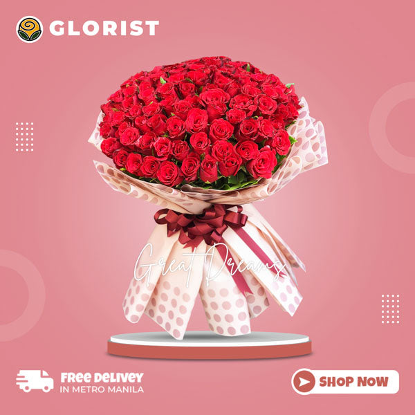 99 Red Roses Bouquet in Korean wrap with satin ribbon - impressive and passionate flower arrangement for a special occasion - flower delivery to San Agustin Church and Manila City Hall