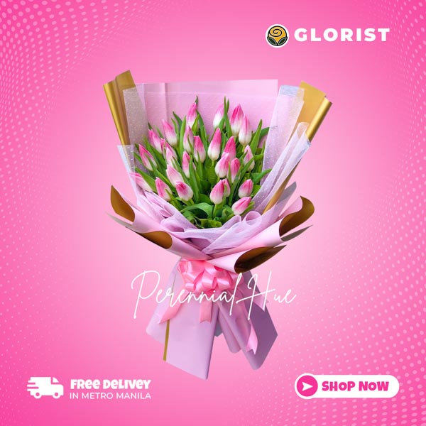 Gorgeous bouquet of two dozen pink tulips with statice fillers in tissue wrap with net - natural beauty and charm - flower delivery to Fort Santiago and Manila Cathedral