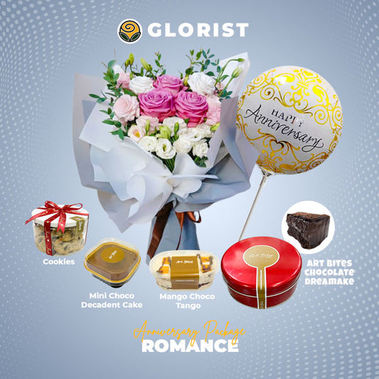 Romance Anniversary Package with assorted flower bouquet, anniversary balloon, chocolate dream cake, mango choco tango float, mini decadent chocolate cake, and cookies for delivery in Metro Manila, Rizal, Bulacan, Laguna, and Tagaytay.