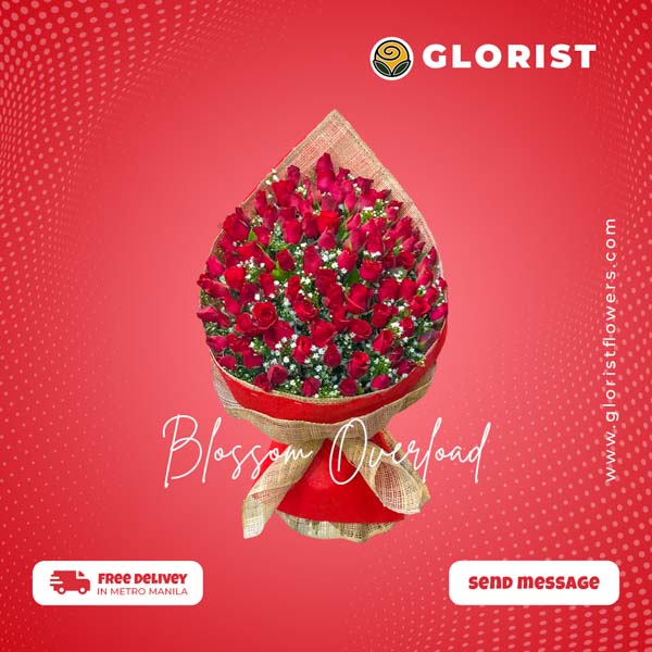 Stunning arrangement of 99 red roses with delicate aster fillers, elegantly wrapped in burlap and tissue for a rustic touch. Perfect for special occasions. Flower delivery near Luneta Park, Glorietta, Pagsanjan Falls, and Philippine Arena.