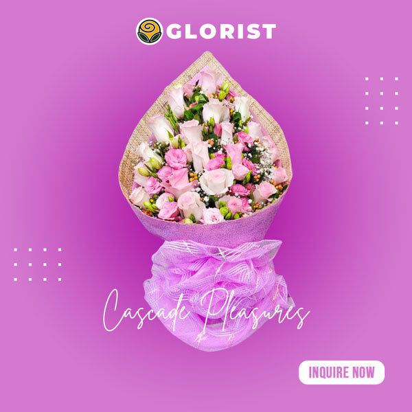 Captivating bouquet of 20 pink China roses with hypericum berries, lisianthus, and gypsophila fillers, arranged in a burlap and pink tissue wrap with pink net. Perfect for special occasions. Flower delivery in Cavite.