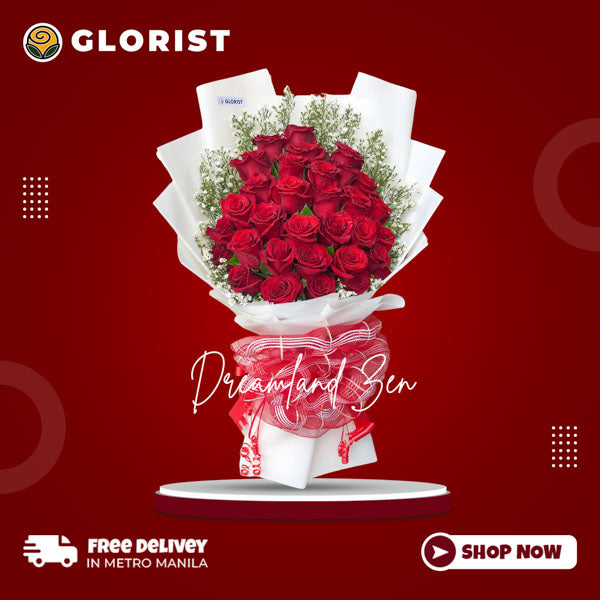 Thirty red Ecuadorian roses with gypsophila fillers in white Korean-style wrap with red ribbon - elegant flower arrangement for special occasions - flower delivery to TriNoma and SM North EDSA