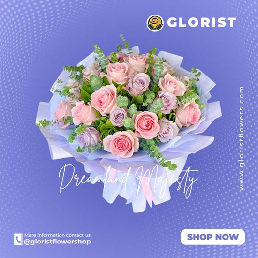 12 purple and 12 light pink Ecuadorian roses with eucalyptus in purple Korean-style wrapping with pink satin ribbon - elegant flower arrangement for special occasions - flower delivery in San Rafael, Bulacan