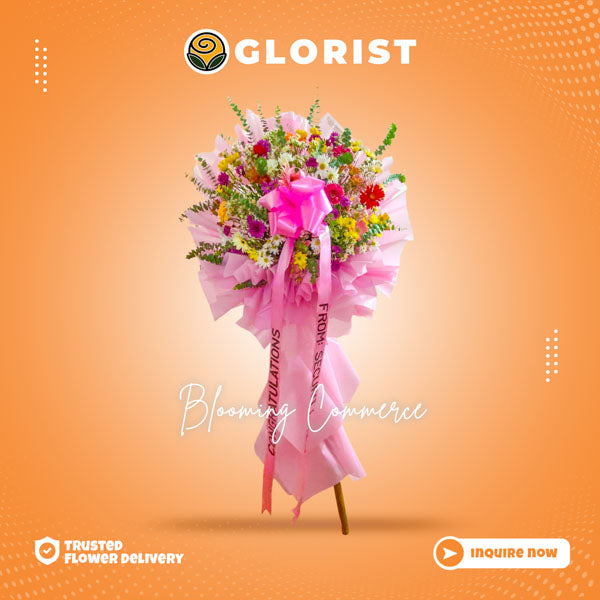 Inaugural flower stand with assorted gerbera daisies and eucalyptus fillers. Vibrant and elegant floral arrangement. Flower delivery near SM Megamall, Greenbelt, Bonifacio Global City (BGC), and Ayala Triangle Gardens.