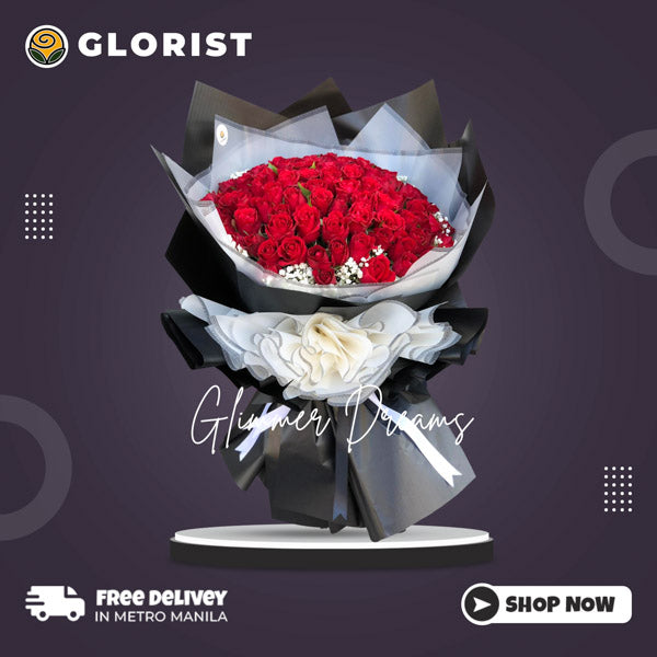 Stunning bouquet: 99 red roses with gypsophila fillers in Korean wrap with satin ribbon - epitome of elegance and romance - flower delivery to Robinsons Place Malolos and Vista Mall Malolos