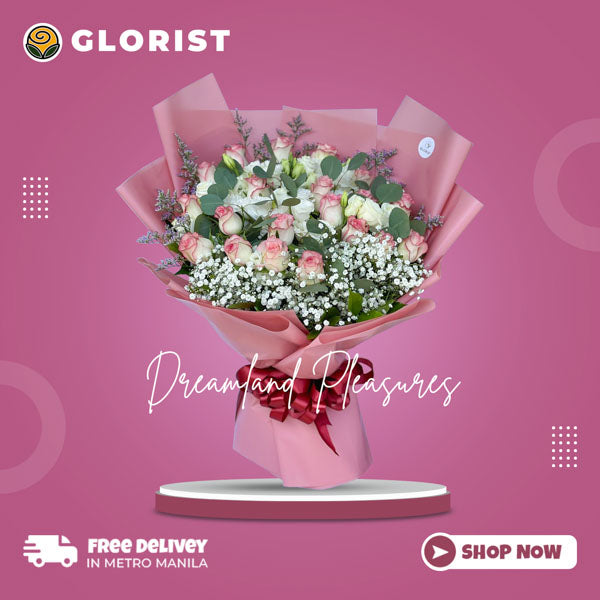 Three two-toned pink China roses with gypsophila, misty blue, and eucalyptus leaves in Korean-style wrap with satin ribbon - enchanting flower arrangement for special occasions - flower delivery in Paombong, Bulacan