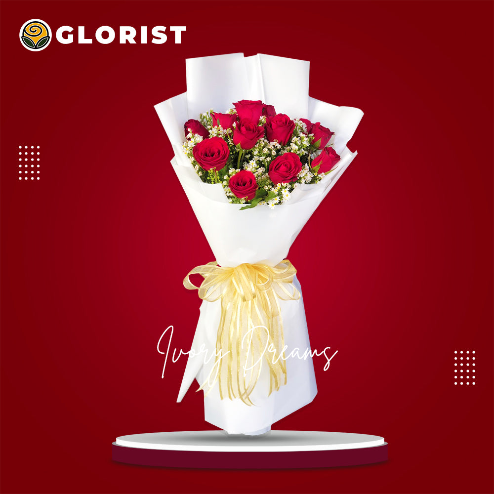 Classic Bouquet: Vibrant red roses with aster fillers in white Korean-style wrap with organza ribbon - timeless symbol of love and elegance - flower delivery to Makati Central Business District (CBD) and Ayala Triangle Gardens